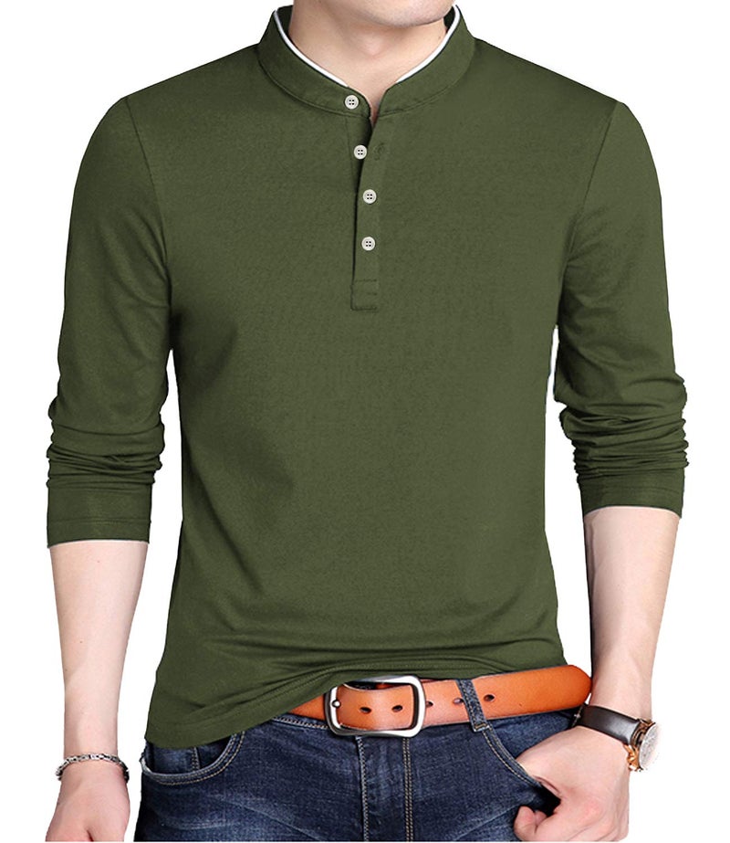 KUYIGO Men's Casual Slim Fit Shirts Long Sleeve Polo Mandarin Collared St Patrick's Day T-Shirts Army Green Small - Image 2